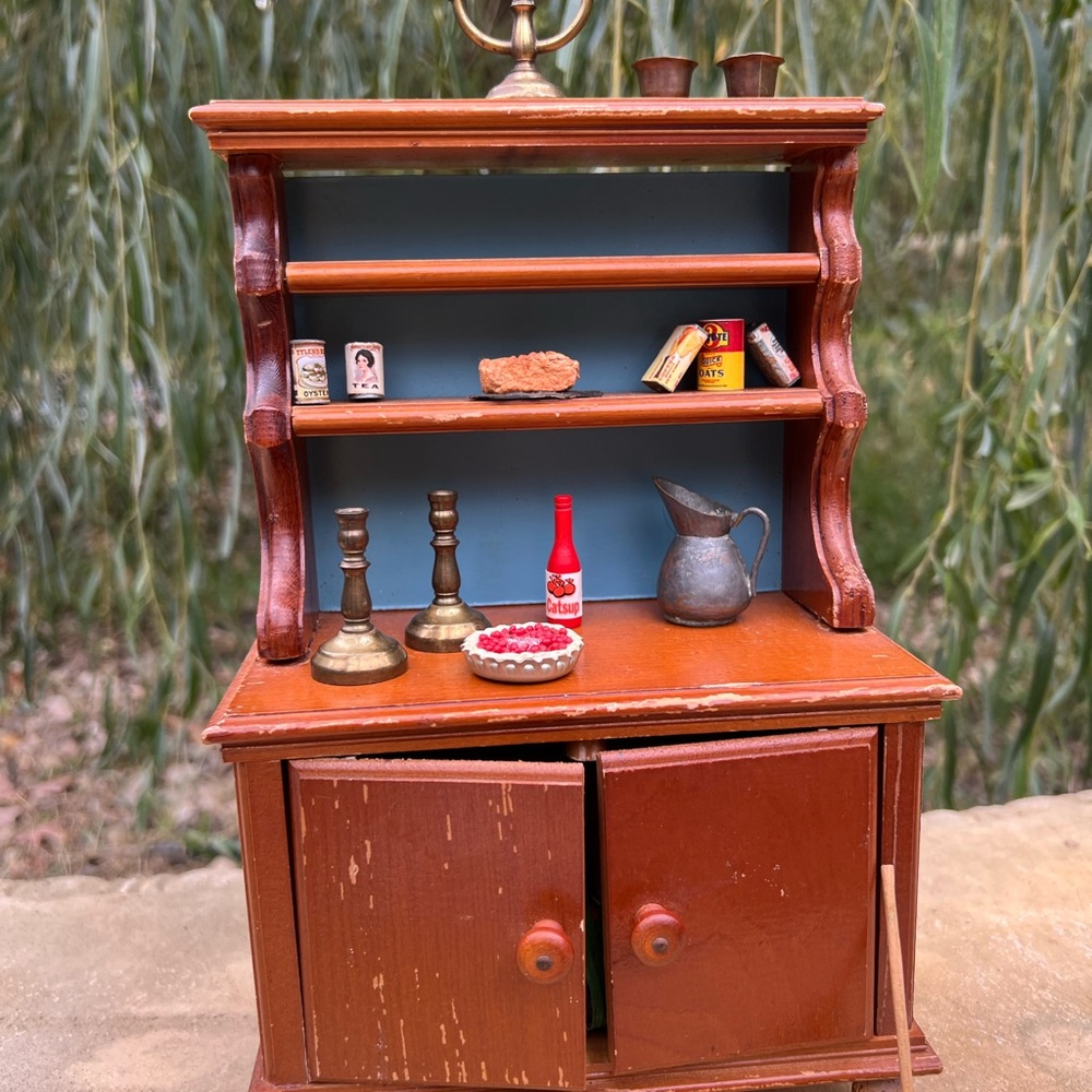 Vintage Dollhouse Wooden Hutch with Accessories